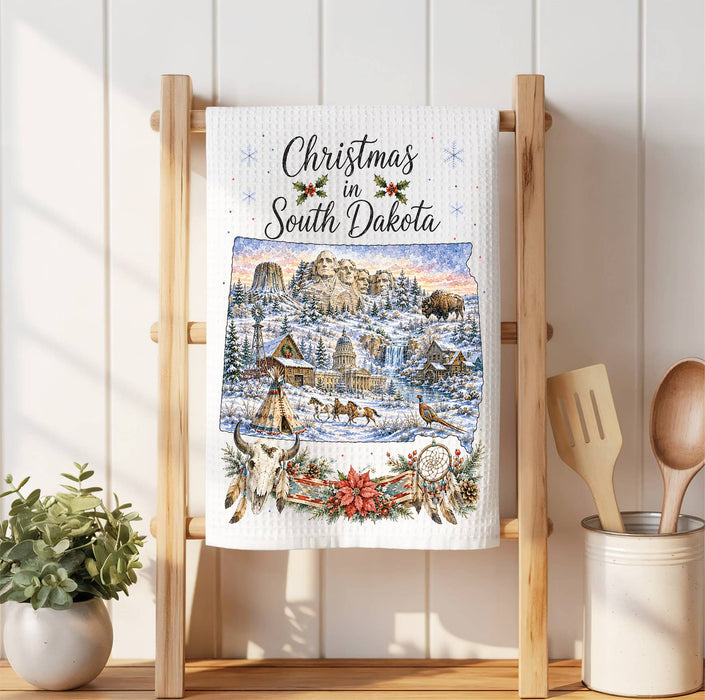 Christmas in South Dakota State Map Waffle Weave Towel