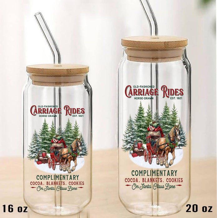 Christmas Carriage Rides Horses Can Glass with Lid Straw