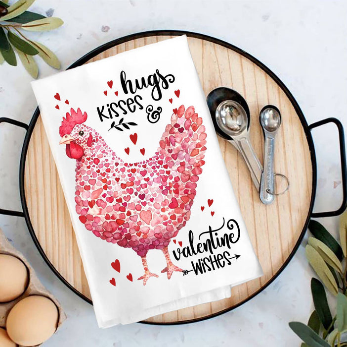 Valentine Chicken Hugs Kisses Tea Towel