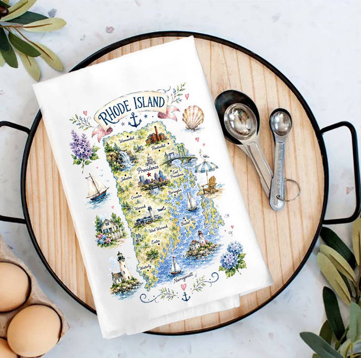 Rhode Island State Map Landmark Tea Towel