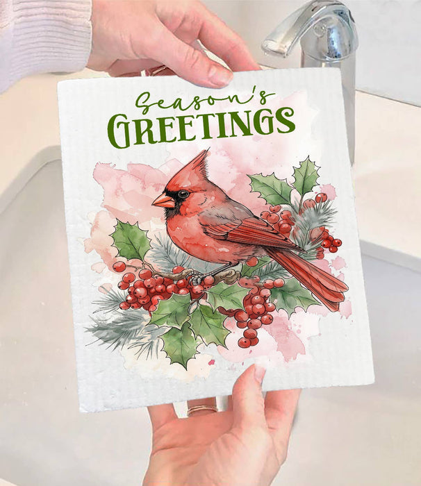 Christmas Seaons Greeting red Cardinal Swedish Dishcloth