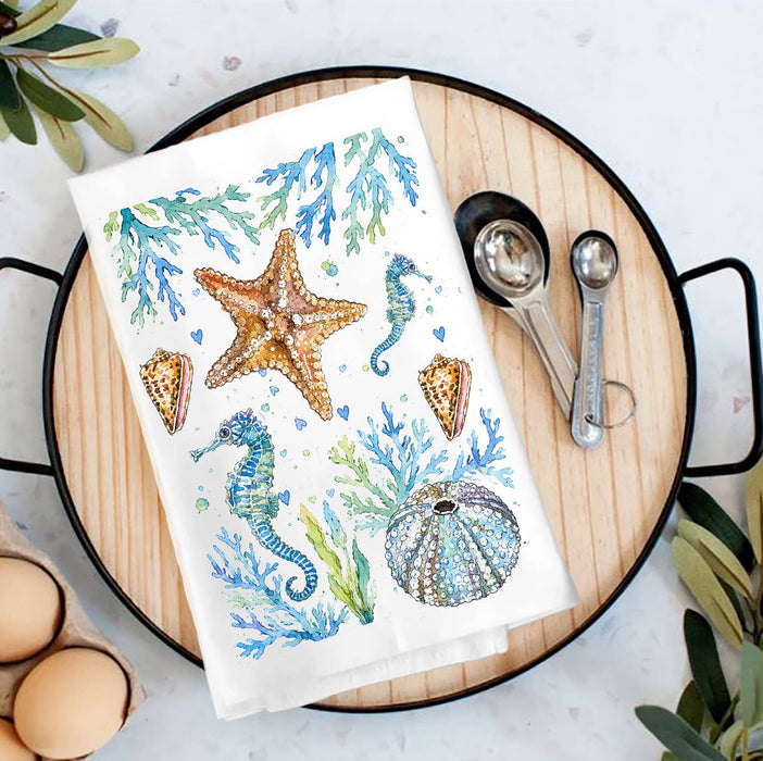 Coastal Blue Starfish Sea Horse Ocean Tea Towel
