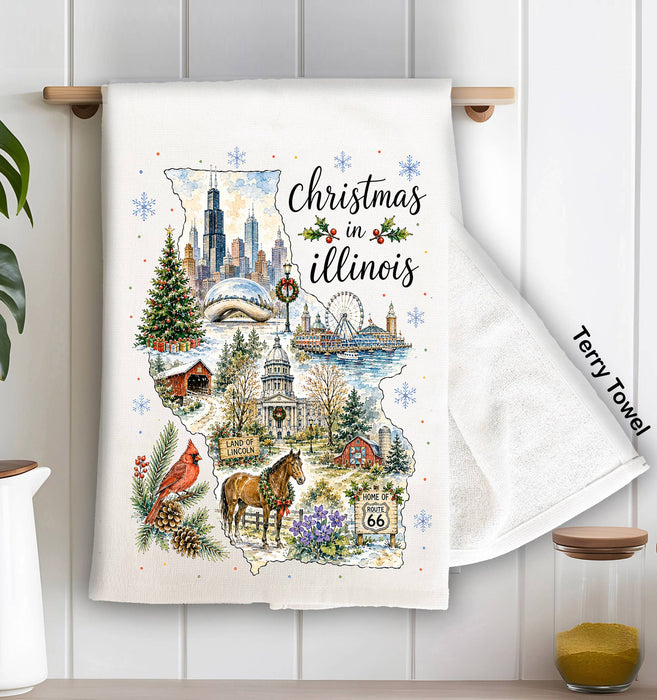 Christmas in Illinois State Map Kitchen Terry Towel