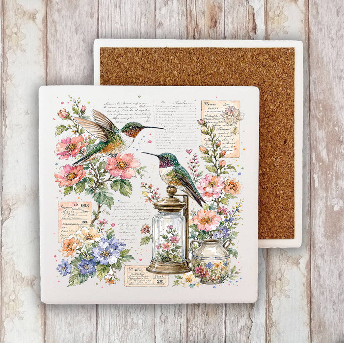 Vintage Flowers Hummingbirds Stone Coaster