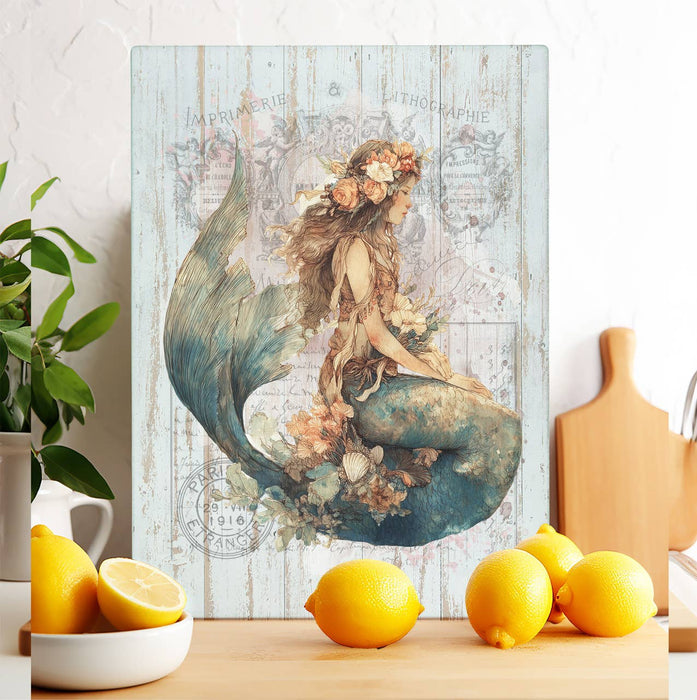 Vintage French Mermaid Coastal Glass Cutting Board Trivet