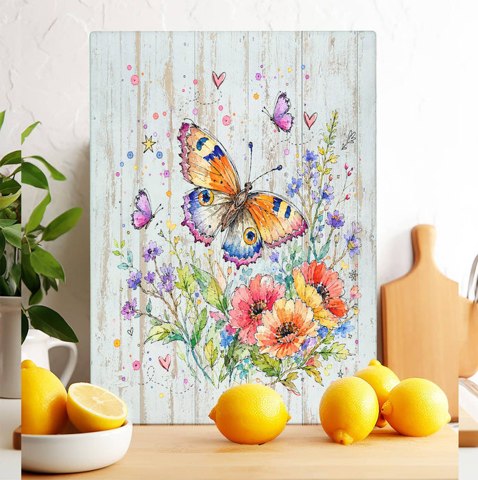 Whimsical Butterflies Flowers Glass Cutting Board