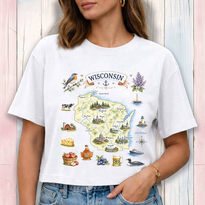 Wisconsin State Map Landmark Cropped T-Shirt