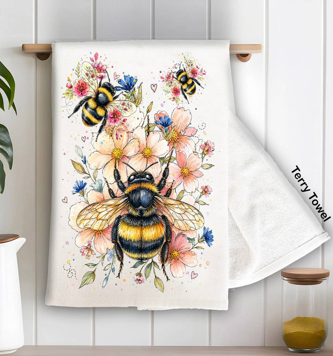 Watercolor Bees Flowers Kitchen Terry Towel