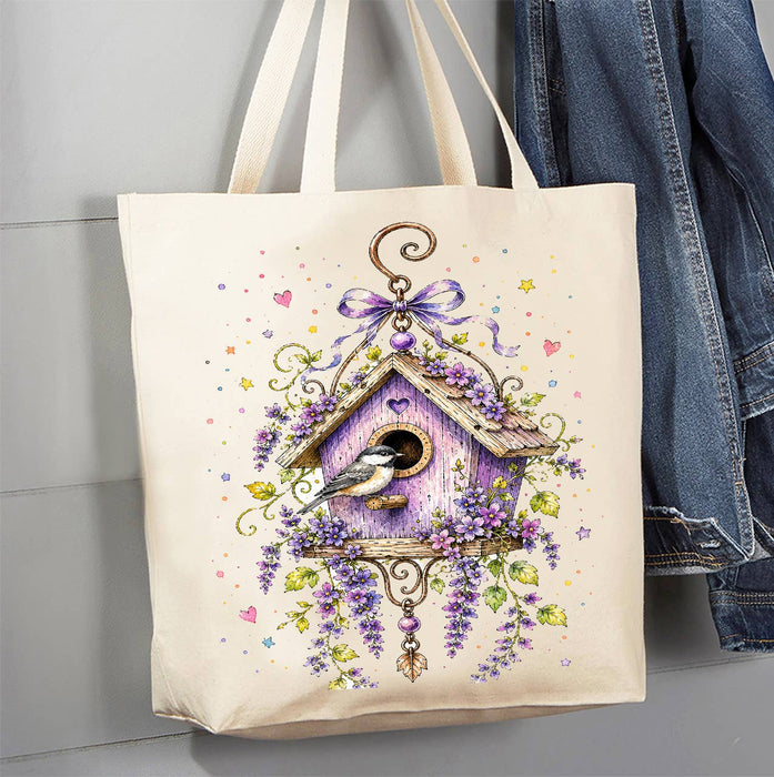 Lavender Whimsical Birdhouse Canvas Tote Bag