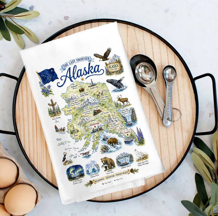 Alaska State Map Landmark Tea Towel