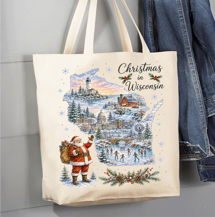 Christmas in Wisconsin State Map Canvas Tote Bag