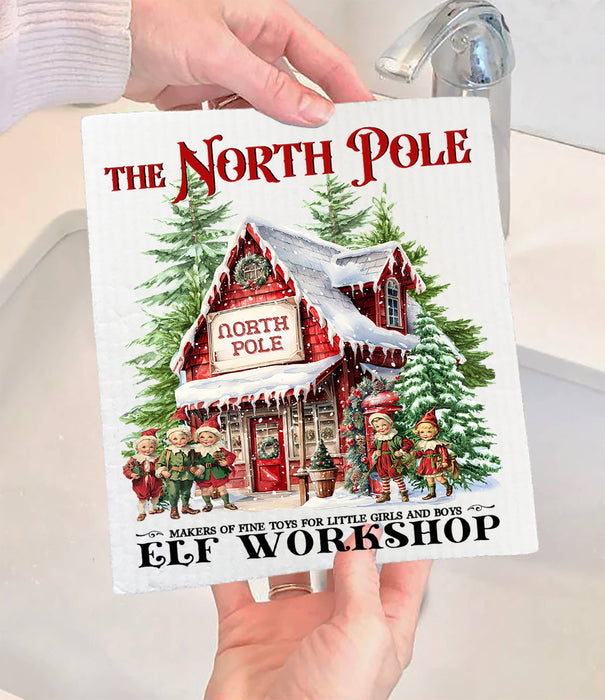 Christmas Vintage North Pole Elfs Swedish Dishcloth