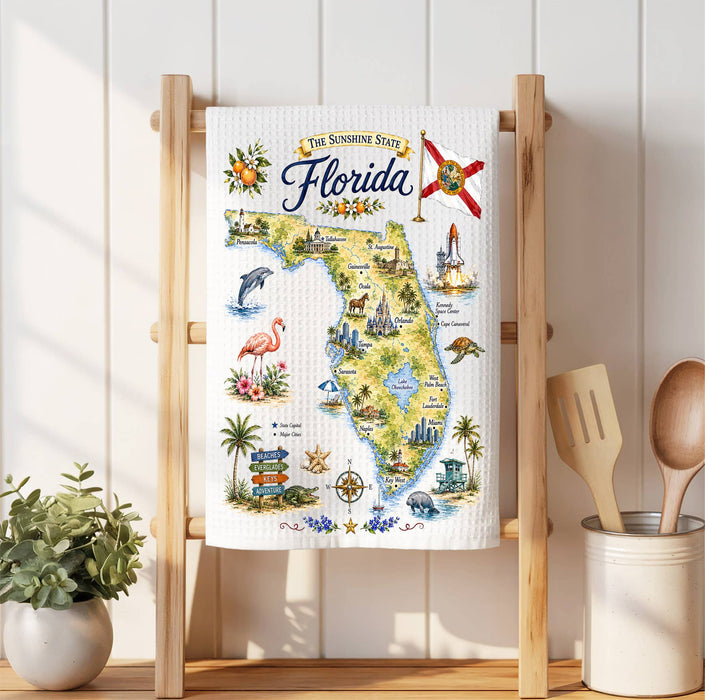 Florida State Map Landmark Waffle Weave Towel