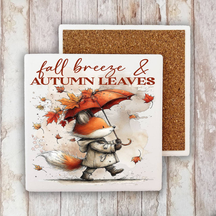 Fall Breeze Autumn Leaves Fox  Stone Coaster