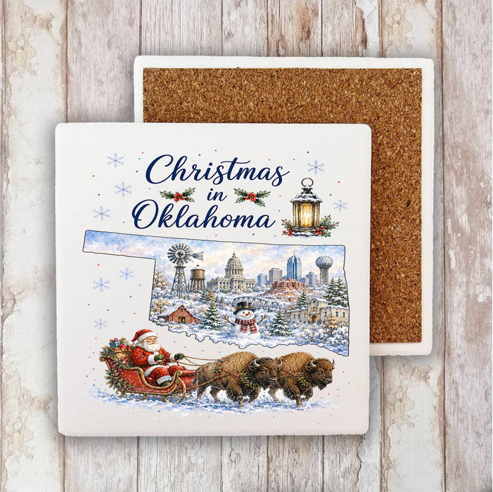 Christmas in Oklahoma State Map Stone Coaster