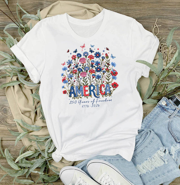 Patriotic Flowers 250 Anniversary America T-Shirt