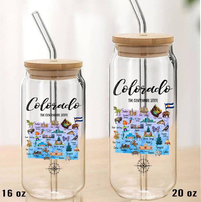 Colorado State Map Can Glass with Lid and Straw