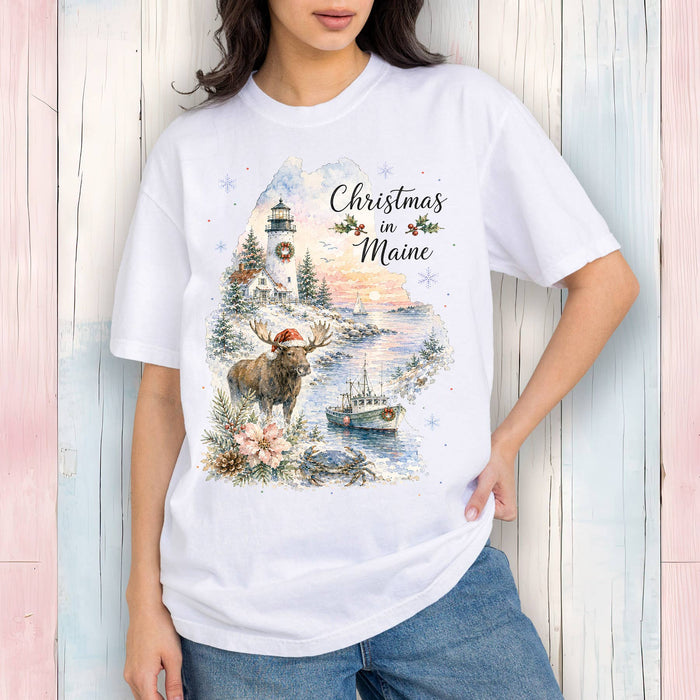 Christmas in Maine State Map T-Shirt