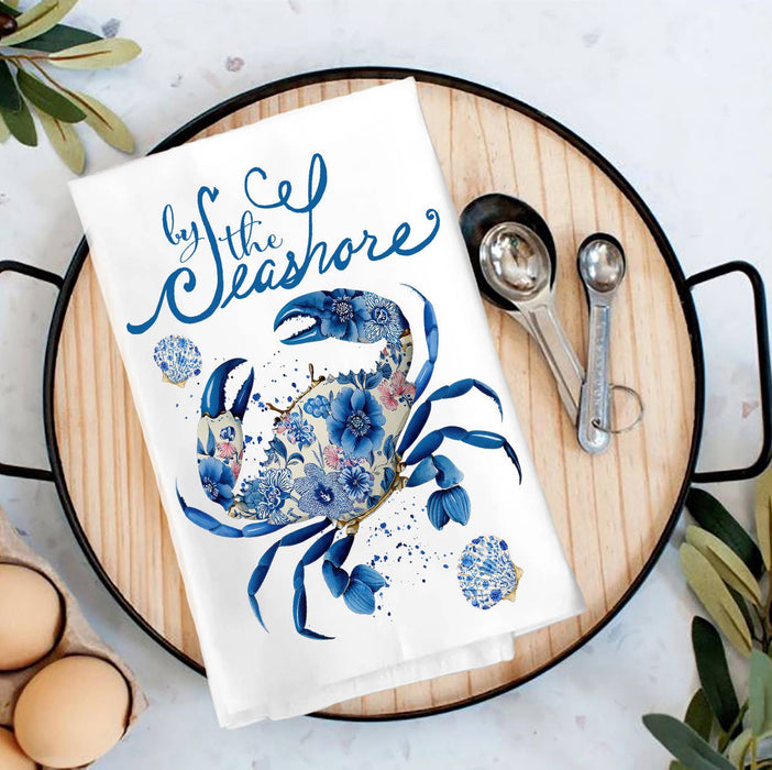 Floral Blue Crab by the Seashore Tea Towel