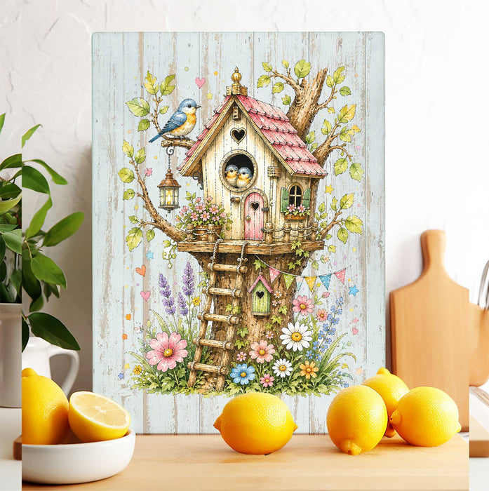 Spring Birds in Birdhouse Flowers Glass Cutting Board