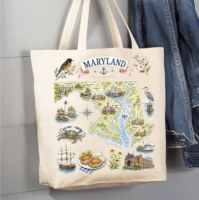 Maryland State Map Landmark Canvas Tote Bag