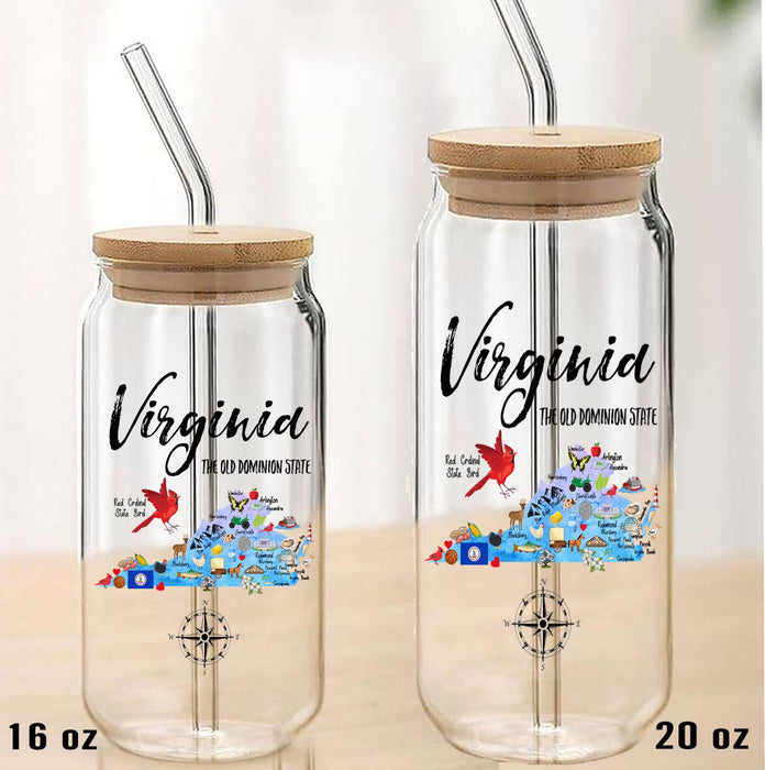 Virginia State Map Can Glass with Lid and Straw