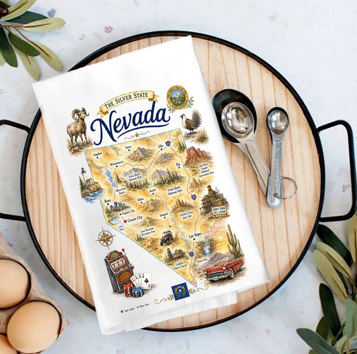 Nevada State Map Landmark Tea Towel