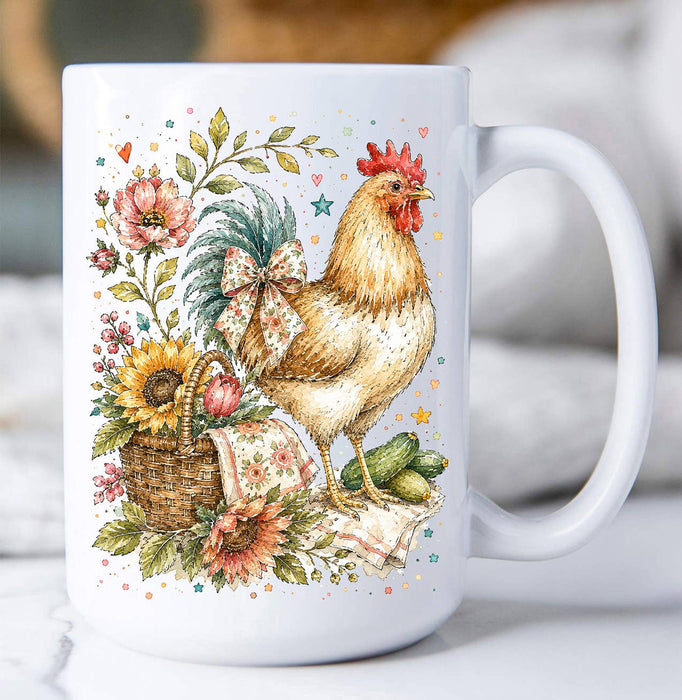 Whimsical Country Hen Flowers Coffee Mug