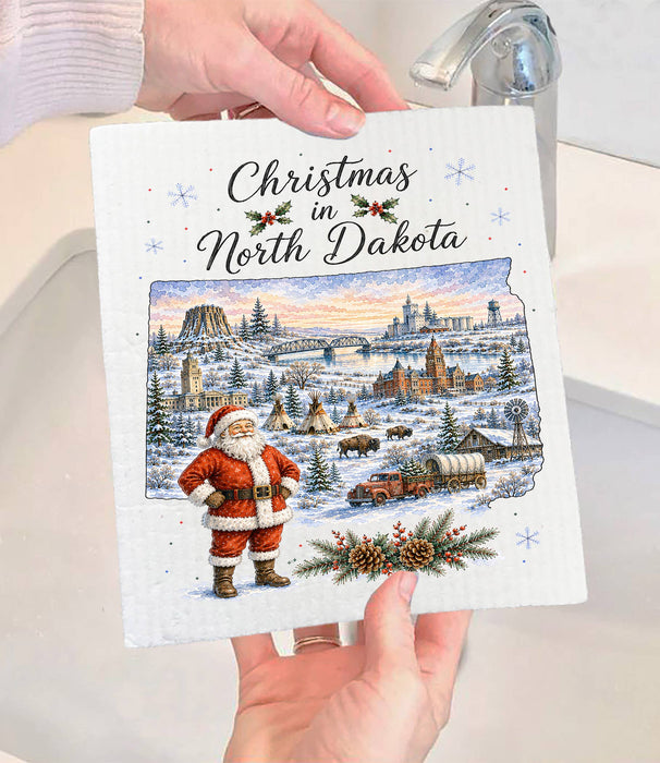Christmas in North Dakota State Map Swedish Dishcloth