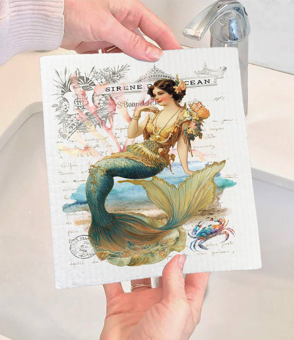 Vintage French Mermaids Ocean Swedish Dishcloth