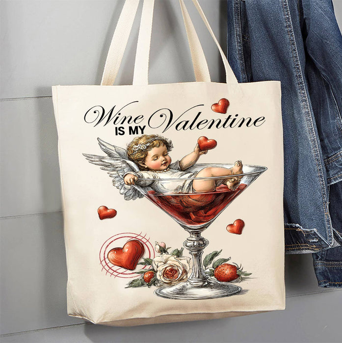 Wine is My Valentine Cupid Canvas Tote Bag