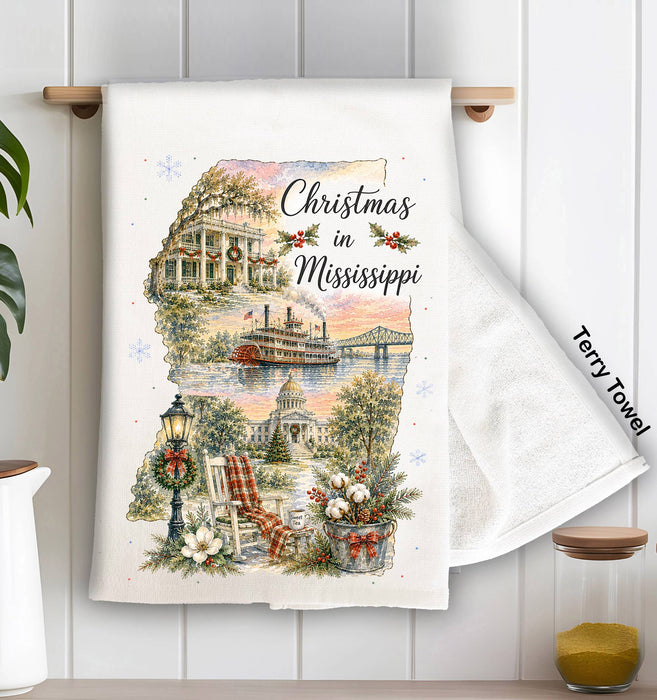 Christmas in Mississippi State Map Kitchen Terry Towel