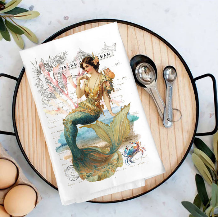 Vintage French Mermaids Ocean Tea Towel