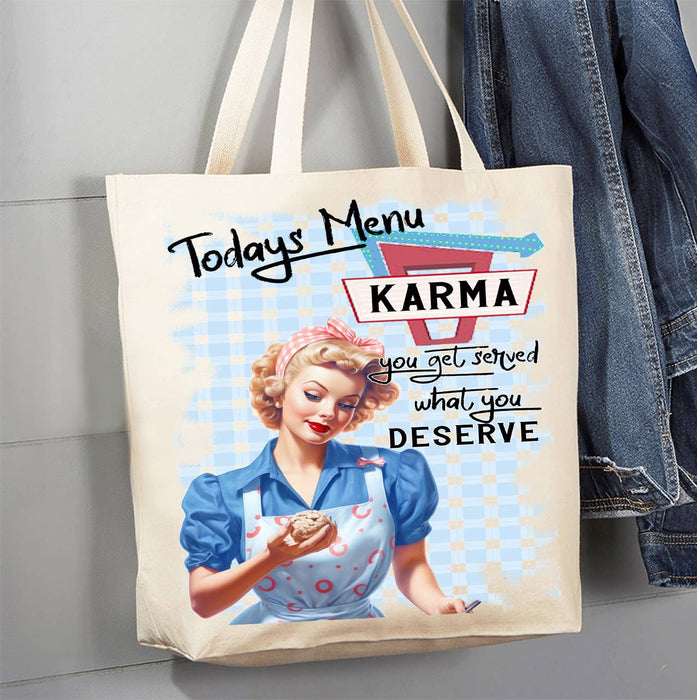 Retro Funny Karma Served Canvas Tote Bag