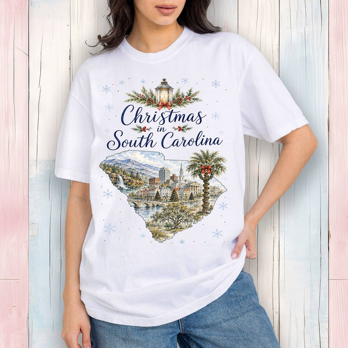 Christmas in South Carolina State Map T-Shirt