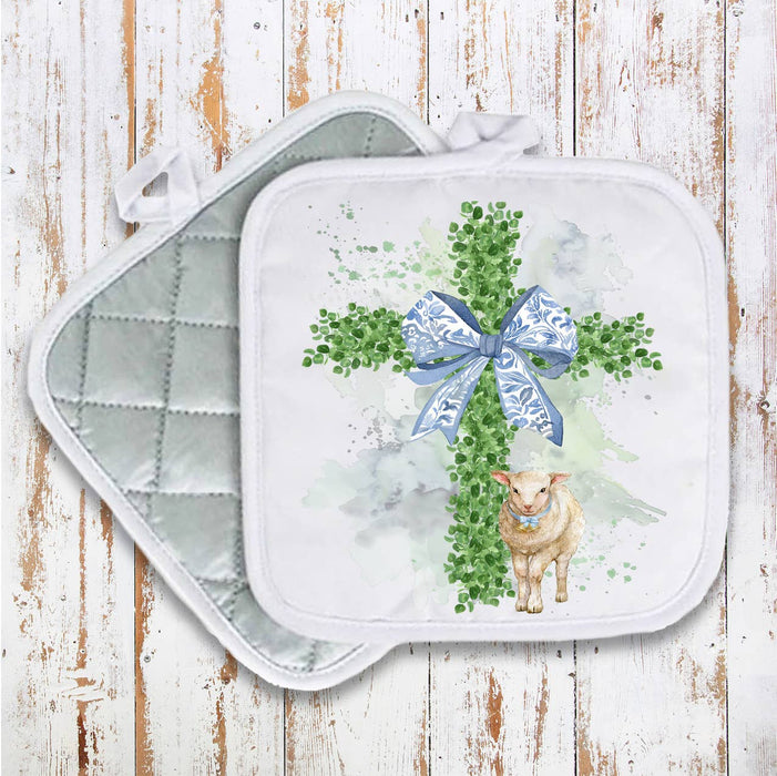 Easter Boxwood Cross Lamb Spiritual Pot Holder Oven Mitt