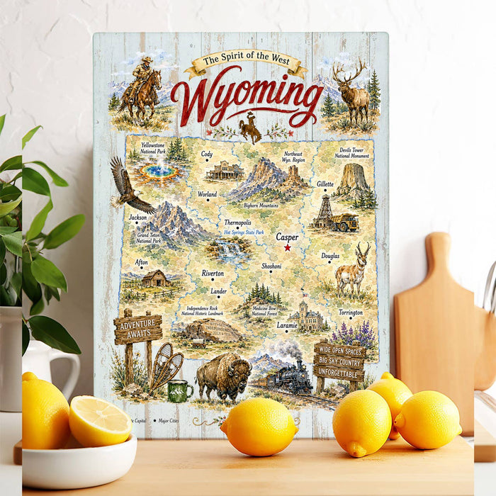 Wyoming State Map Landmark Glass Cutting Board