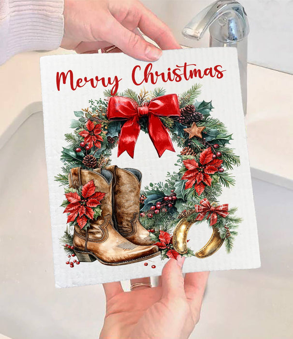 Country Christmas Poinsetta Western Swedish Dishcloth
