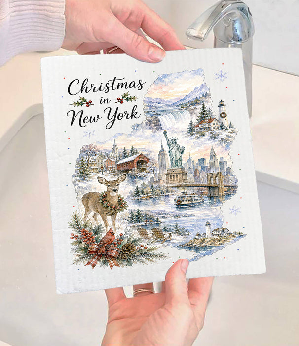 Christmas in New York State Map Swedish Dishcloth