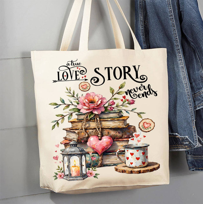 Love Story Never Ends Heart Canvas Tote Bag