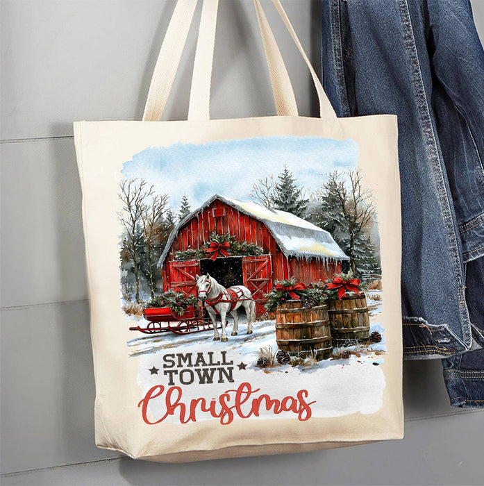 Small Town Christmas Horse and Barn Canvas Tote Bag