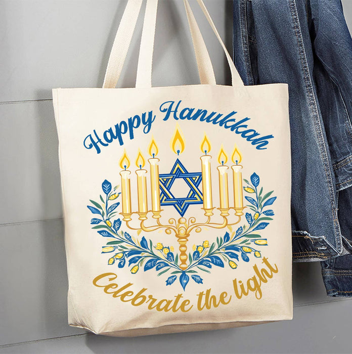 Happy Hanukkah Menorah Star Canvas Tote Bag