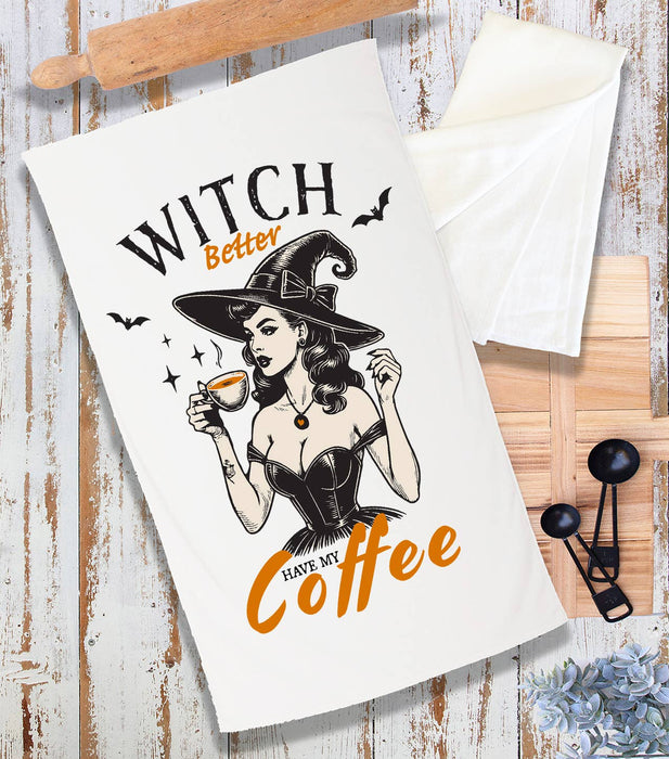 Halloween Retro Witch Better Coffee Terry Towel