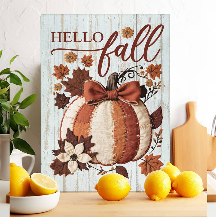 Hello Fall Quilted Pumpkin  Glass Cutting Board