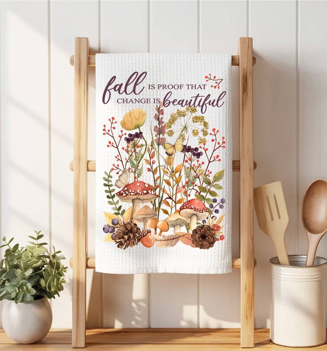 Fall is Beautiful Wildflower Mushroom Waffle Weave Towel