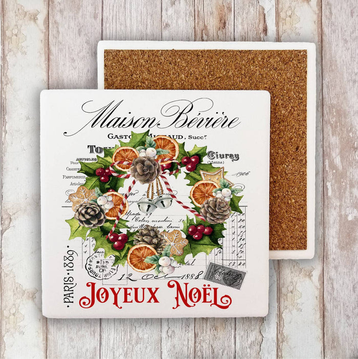 Joyeux Noel Christmas Wreath Stone Coaster