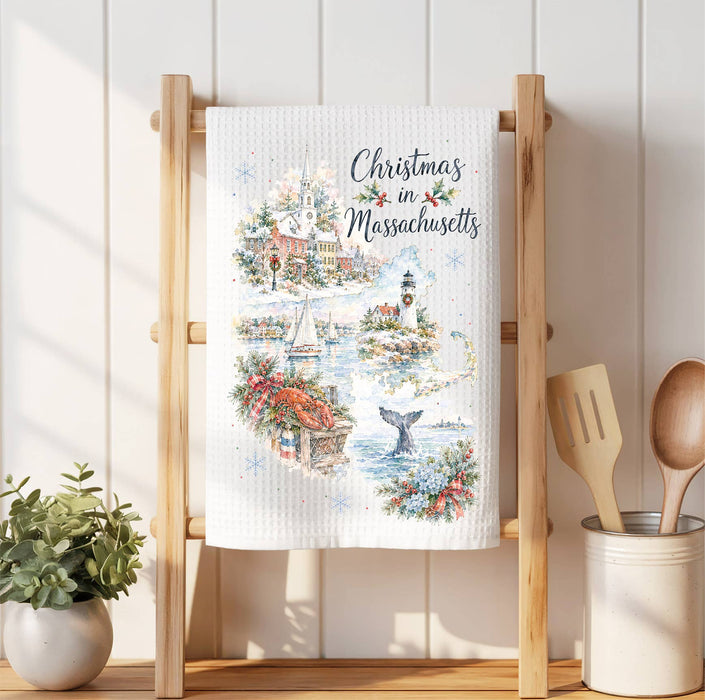 Christmas in Massachusetts State Map Waffle Weave Towel
