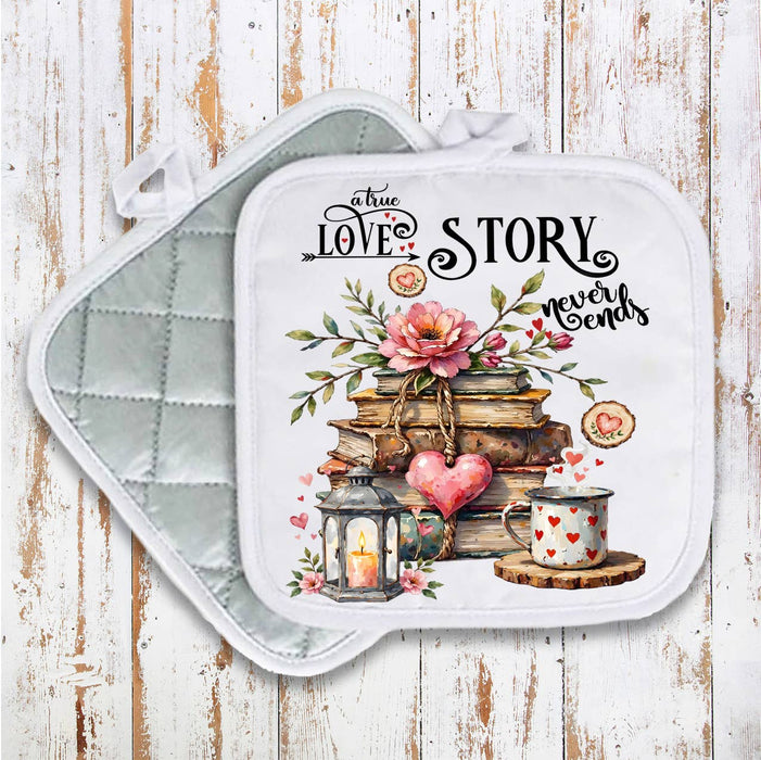 Love Story Never Ends Heart Pot Holder Oven Mitt