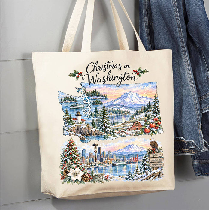 Christmas in Washington State Map Canvas Tote Bag