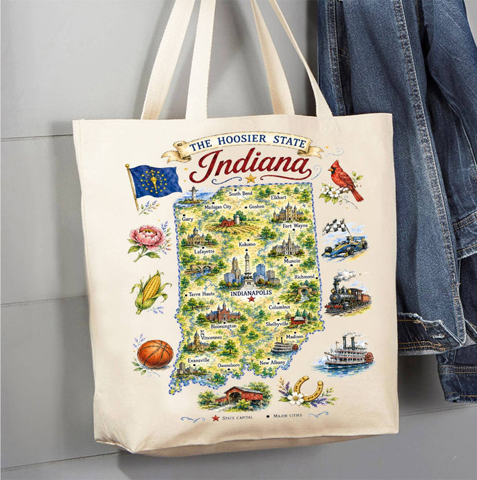 Indiana State Map Landmark Canvas Tote Bag